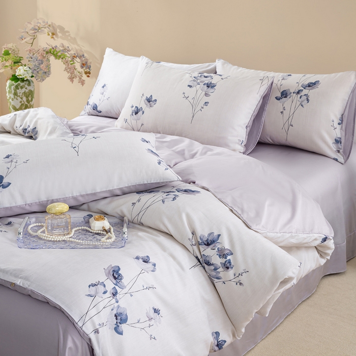 91家纺网 家纺一手货源 找家纺 麦田家纺 2025新款50S莱赛尔天丝印花四件套 蓝韵生香