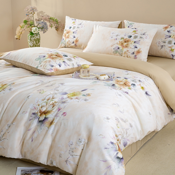 91家纺网 家纺一手货源 找家纺 麦田家纺 2025新款50S莱赛尔天丝印花四件套 洛思-黄