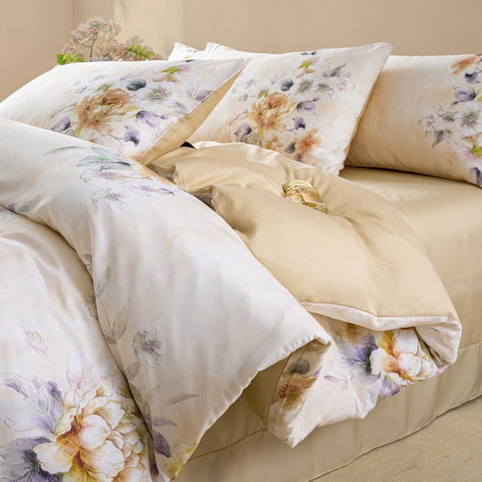 91家纺网 家纺一手货源 找家纺 麦田家纺 2025新款50S莱赛尔天丝印花四件套 洛思-黄