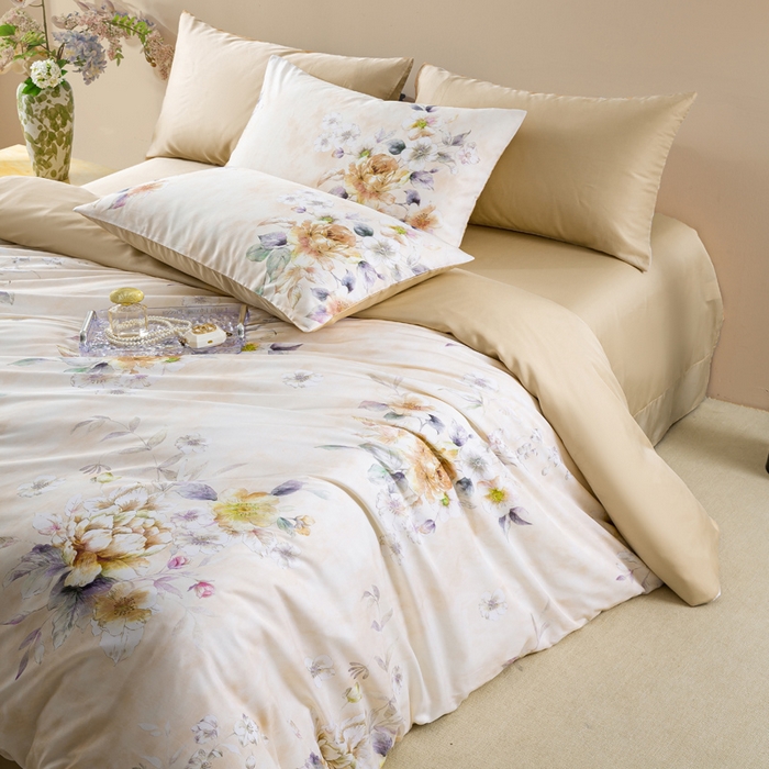 91家纺网 家纺一手货源 找家纺 麦田家纺 2025新款50S莱赛尔天丝印花四件套 洛思-黄