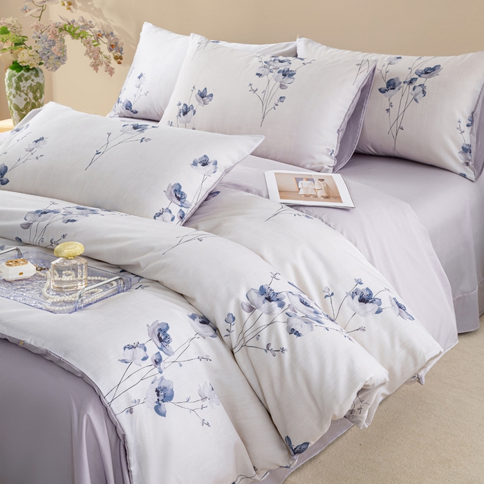 91家纺网 家纺一手货源 找家纺 麦田家纺 2025新款50S莱赛尔天丝印花四件套 蓝韵生香