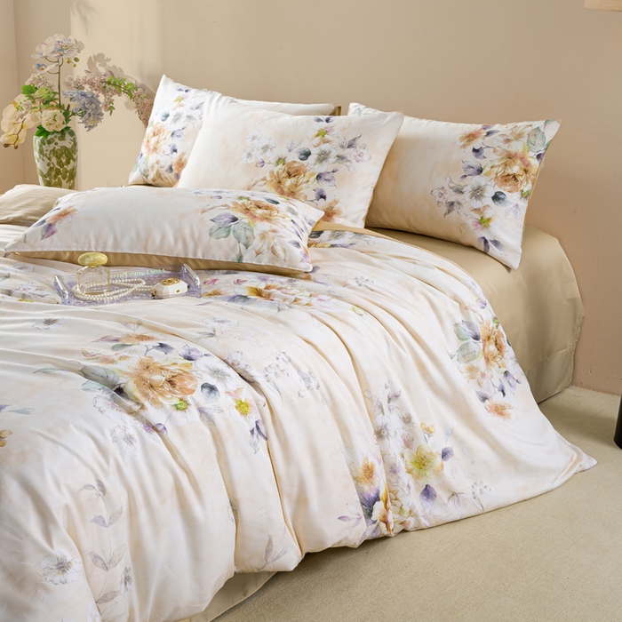 91家纺网 家纺一手货源 找家纺 麦田家纺 2025新款50S莱赛尔天丝印花四件套 洛思-黄