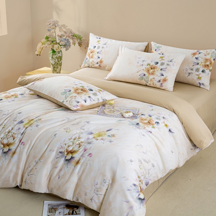 91家纺网 家纺一手货源 找家纺 麦田家纺 2025新款50S莱赛尔天丝印花四件套 洛思-黄