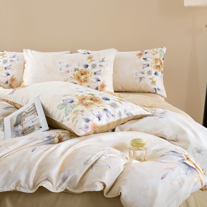 91家纺网 家纺一手货源 找家纺 麦田家纺 2025新款50S莱赛尔天丝印花四件套 洛思-黄