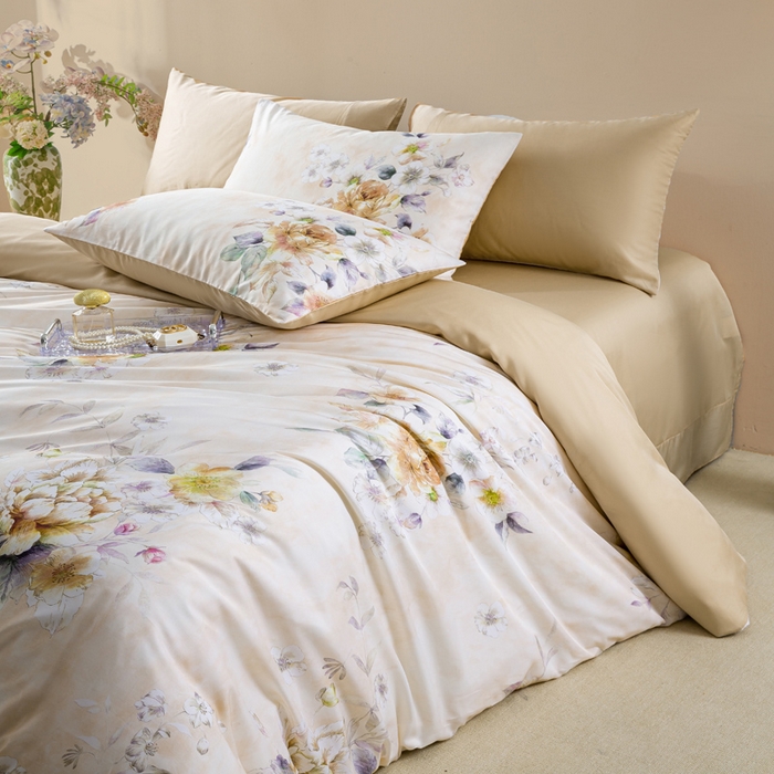 91家纺网 家纺一手货源 找家纺 麦田家纺 2025新款50S莱赛尔天丝印花四件套 洛思-黄