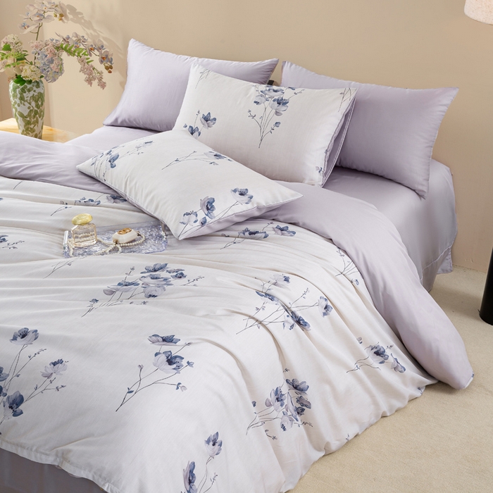 91家纺网 家纺一手货源 找家纺 麦田家纺 2025新款50S莱赛尔天丝印花四件套 蓝韵生香