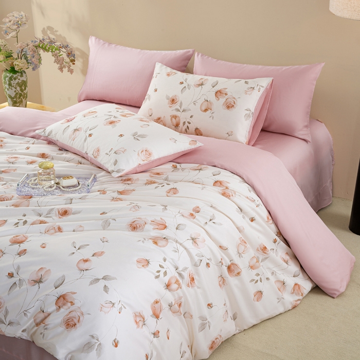 91家纺网 家纺一手货源 找家纺 麦田家纺 2025新款50S莱赛尔天丝印花四件套 花艺盈香-粉