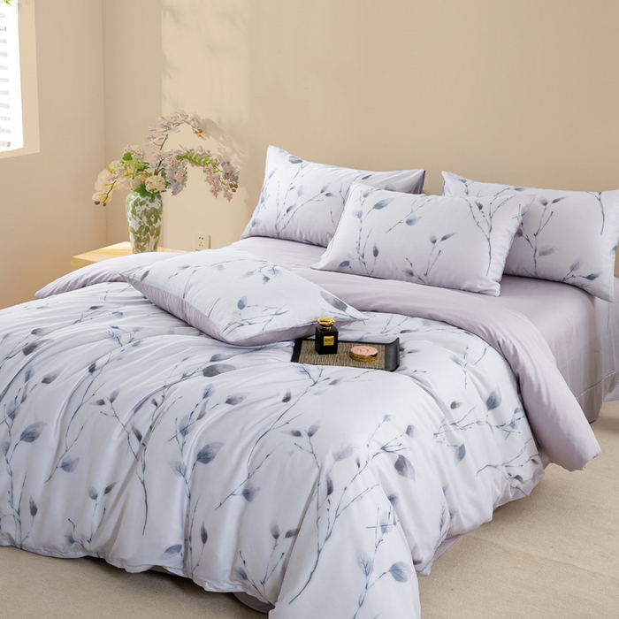 91家纺网 家纺一手货源 找家纺 麦田家纺 2025新款50S莱赛尔天丝印花四件套 静谧-灰