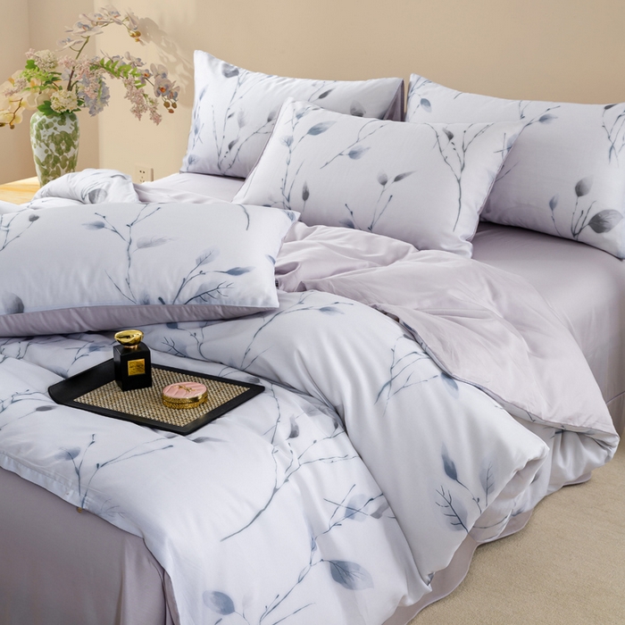 91家纺网 家纺一手货源 找家纺 麦田家纺 2025新款50S莱赛尔天丝印花四件套 静谧-灰