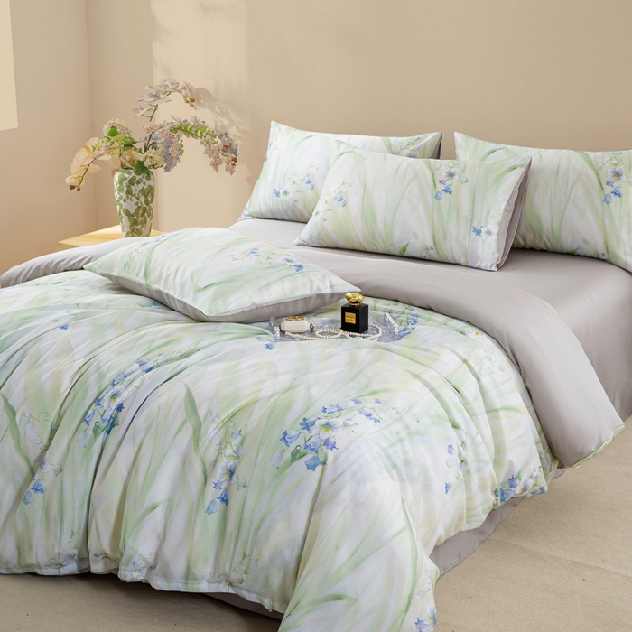 91家纺网 家纺一手货源 找家纺 麦田家纺 2025新款50S莱赛尔天丝印花四件套 铃兰梦-绿