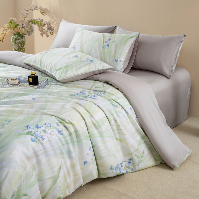 91家纺网 家纺一手货源 找家纺 麦田家纺 2025新款50S莱赛尔天丝印花四件套 铃兰梦-绿