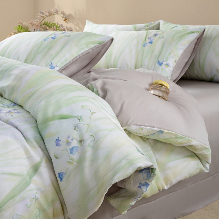 91家纺网 家纺一手货源 找家纺 麦田家纺 2025新款50S莱赛尔天丝印花四件套 铃兰梦-绿