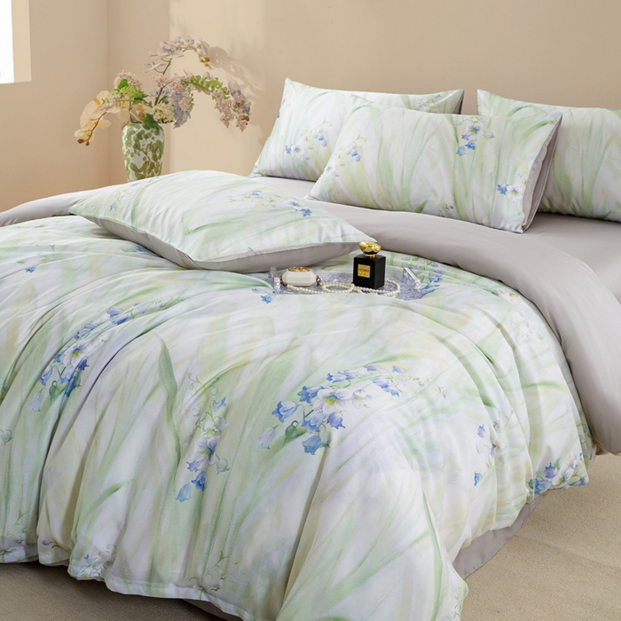 91家纺网 家纺一手货源 找家纺 麦田家纺 2025新款50S莱赛尔天丝印花四件套 铃兰梦-绿