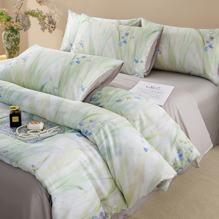 91家纺网 家纺一手货源 找家纺 麦田家纺 2025新款50S莱赛尔天丝印花四件套 铃兰梦-绿