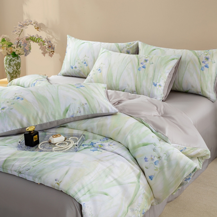 91家纺网 家纺一手货源 找家纺 麦田家纺 2025新款50S莱赛尔天丝印花四件套 铃兰梦-绿