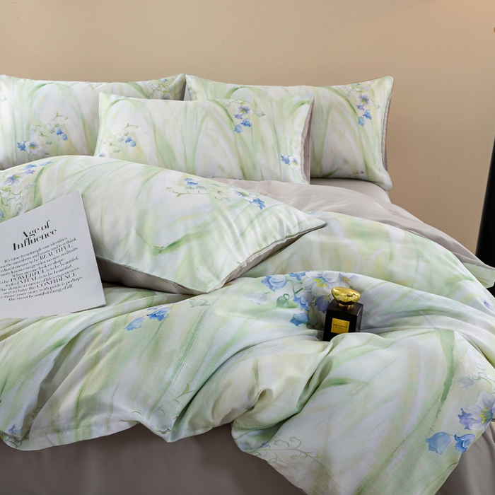 91家纺网 家纺一手货源 找家纺 麦田家纺 2025新款50S莱赛尔天丝印花四件套 铃兰梦-绿