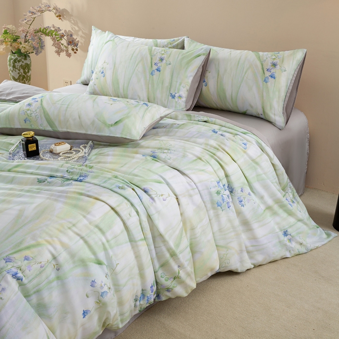 91家纺网 家纺一手货源 找家纺 麦田家纺 2025新款50S莱赛尔天丝印花四件套 铃兰梦-绿