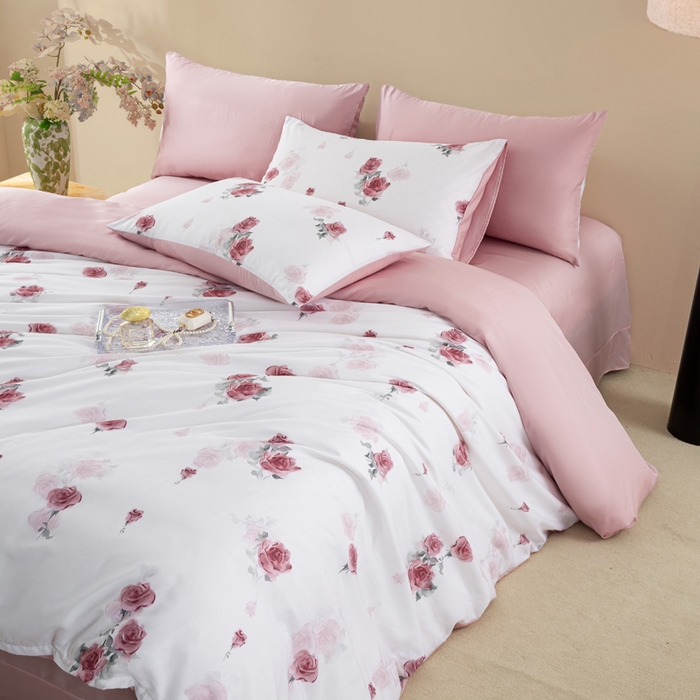 91家纺网 家纺一手货源 找家纺 麦田家纺 2025新款50S莱赛尔天丝印花四件套 玫瑰雅韵