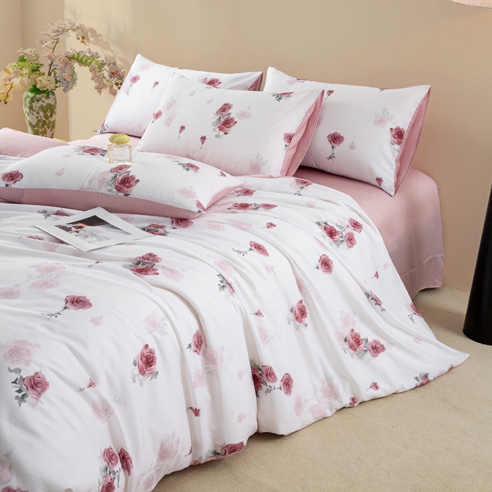 91家纺网 家纺一手货源 找家纺 麦田家纺 2025新款50S莱赛尔天丝印花四件套 玫瑰雅韵