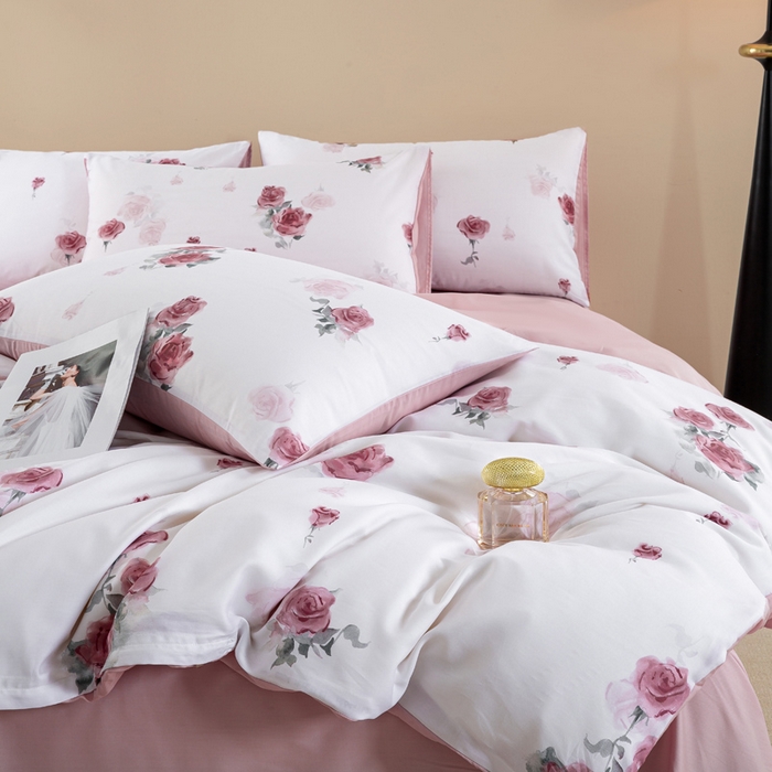 91家纺网 家纺一手货源 找家纺 麦田家纺 2025新款50S莱赛尔天丝印花四件套 玫瑰雅韵