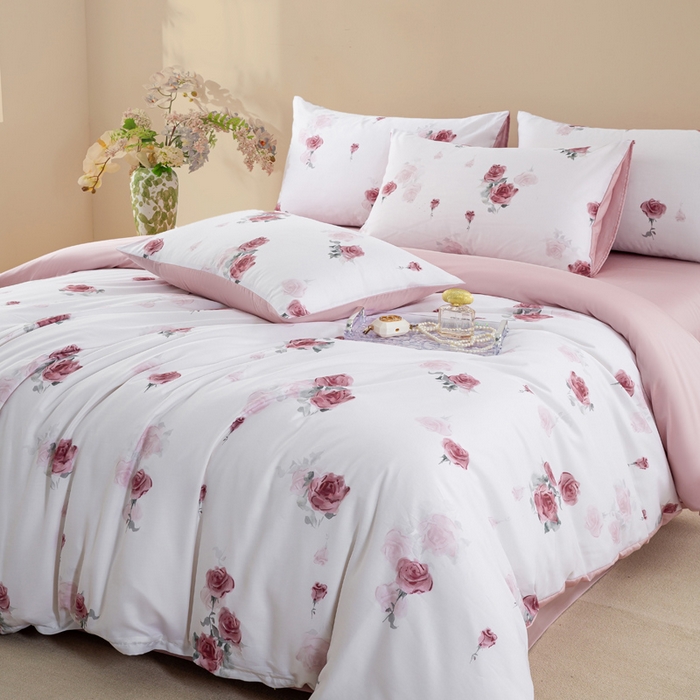 91家纺网 家纺一手货源 找家纺 麦田家纺 2025新款50S莱赛尔天丝印花四件套 玫瑰雅韵