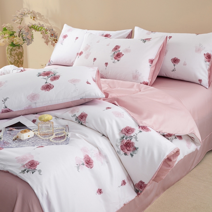 91家纺网 家纺一手货源 找家纺 麦田家纺 2025新款50S莱赛尔天丝印花四件套 玫瑰雅韵