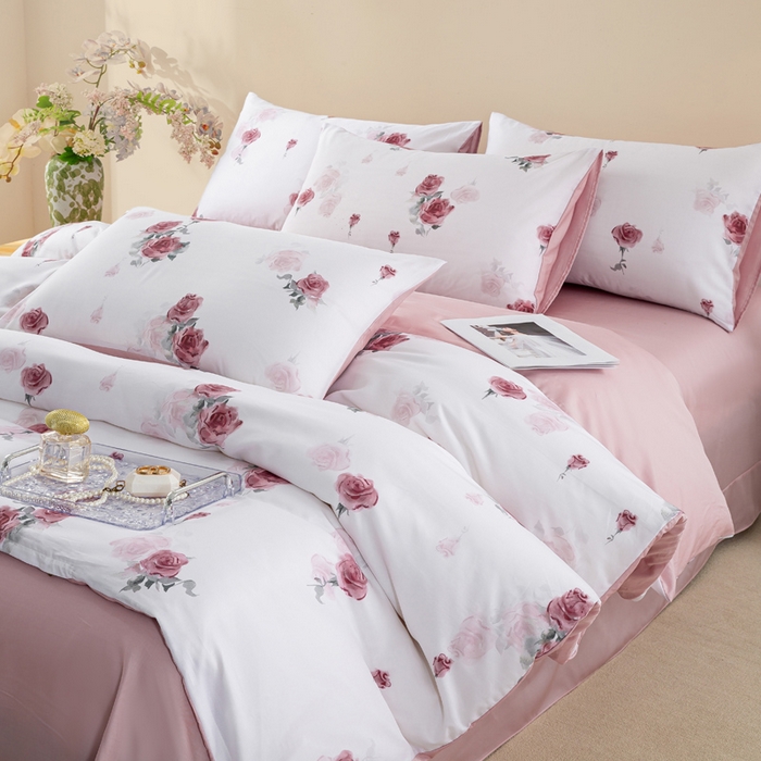 91家纺网 家纺一手货源 找家纺 麦田家纺 2025新款50S莱赛尔天丝印花四件套 玫瑰雅韵