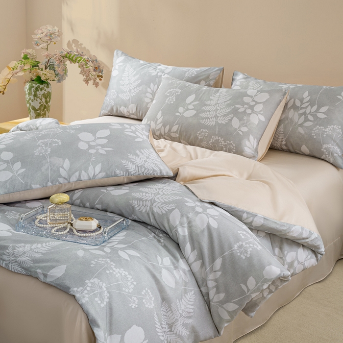 91家纺网 家纺一手货源 找家纺 麦田家纺 2025新款50S莱赛尔天丝印花四件套 叶影-灰