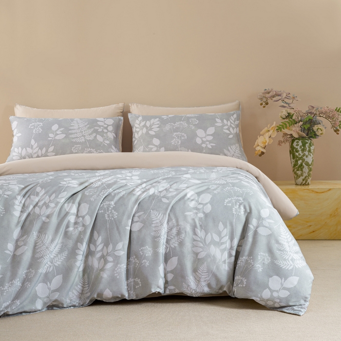 91家纺网 家纺一手货源 找家纺 麦田家纺 2025新款50S莱赛尔天丝印花四件套 叶影-灰