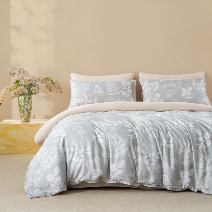 91家纺网 家纺一手货源 找家纺 麦田家纺 2025新款50S莱赛尔天丝印花四件套 叶影-灰