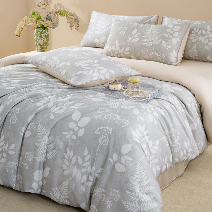 91家纺网 家纺一手货源 找家纺 麦田家纺 2025新款50S莱赛尔天丝印花四件套 叶影-灰