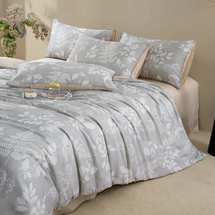 91家纺网 家纺一手货源 找家纺 麦田家纺 2025新款50S莱赛尔天丝印花四件套 叶影-灰