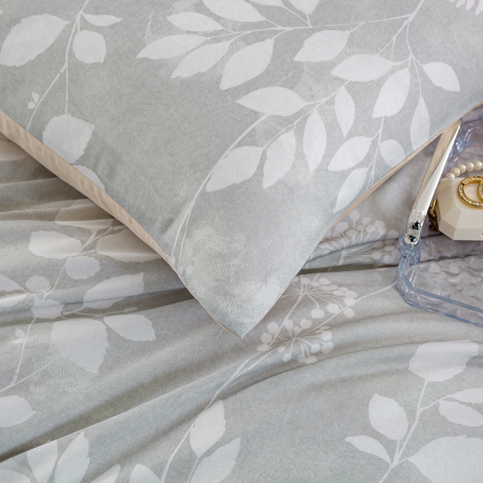 91家纺网 家纺一手货源 找家纺 麦田家纺 2025新款50S莱赛尔天丝印花四件套 叶影-灰