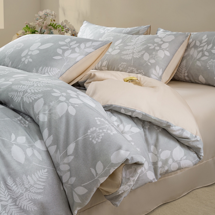 91家纺网 家纺一手货源 找家纺 麦田家纺 2025新款50S莱赛尔天丝印花四件套 叶影-灰