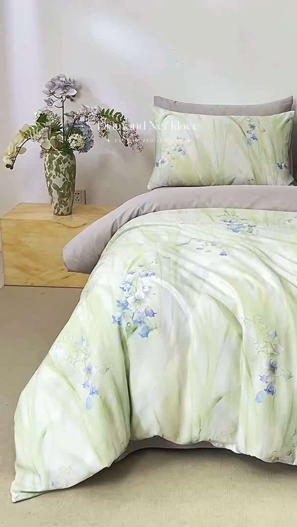 91家纺网 家纺一手货源 找家纺 麦田家纺 2025新款50S莱赛尔天丝印花四件套 铃兰梦-绿