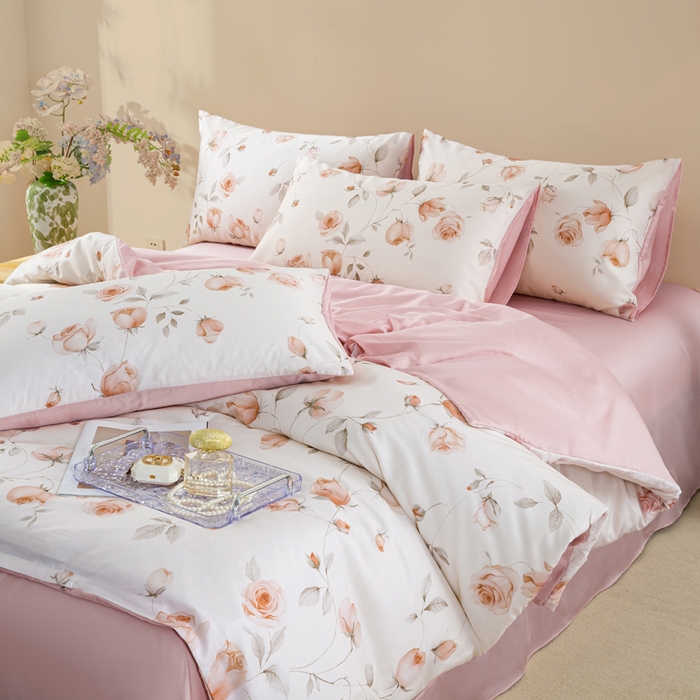 91家纺网 家纺一手货源 找家纺 麦田家纺 2025新款50S莱赛尔天丝印花四件套 花艺盈香-粉