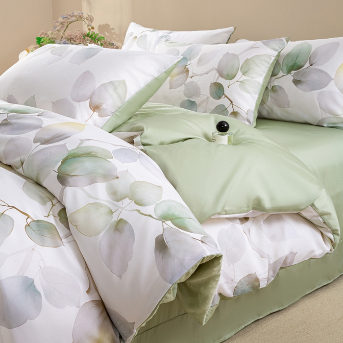 91家纺网 家纺一手货源 找家纺 麦田家纺 2025新款50S莱赛尔天丝印花四件套 叶语-绿