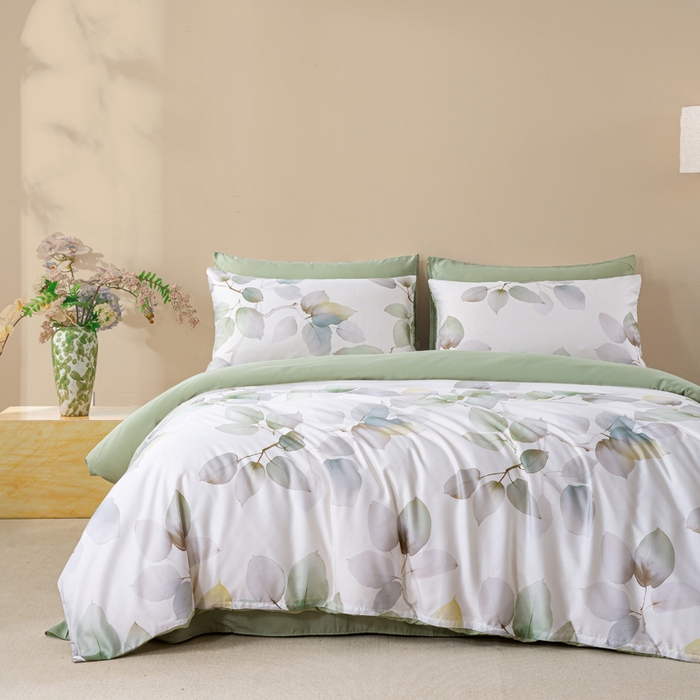 91家纺网 家纺一手货源 找家纺 麦田家纺 2025新款50S莱赛尔天丝印花四件套 叶语-绿