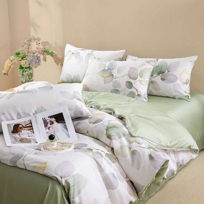 91家纺网 家纺一手货源 找家纺 麦田家纺 2025新款50S莱赛尔天丝印花四件套 叶语-绿