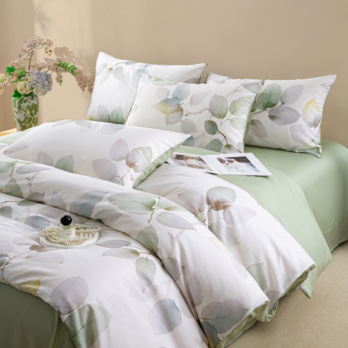 91家纺网 家纺一手货源 找家纺 麦田家纺 2025新款50S莱赛尔天丝印花四件套 叶语-绿