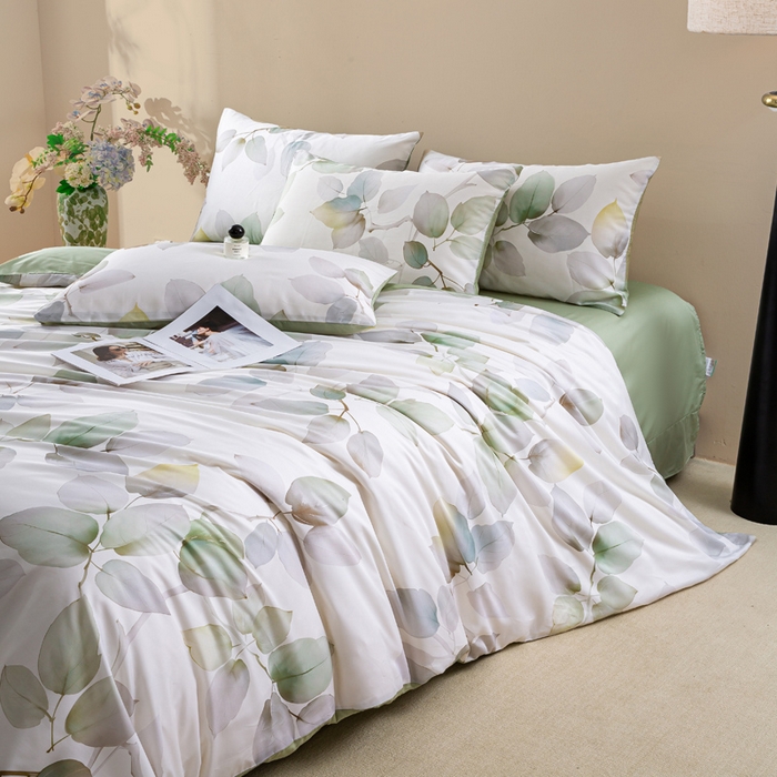 91家纺网 家纺一手货源 找家纺 麦田家纺 2025新款50S莱赛尔天丝印花四件套 叶语-绿