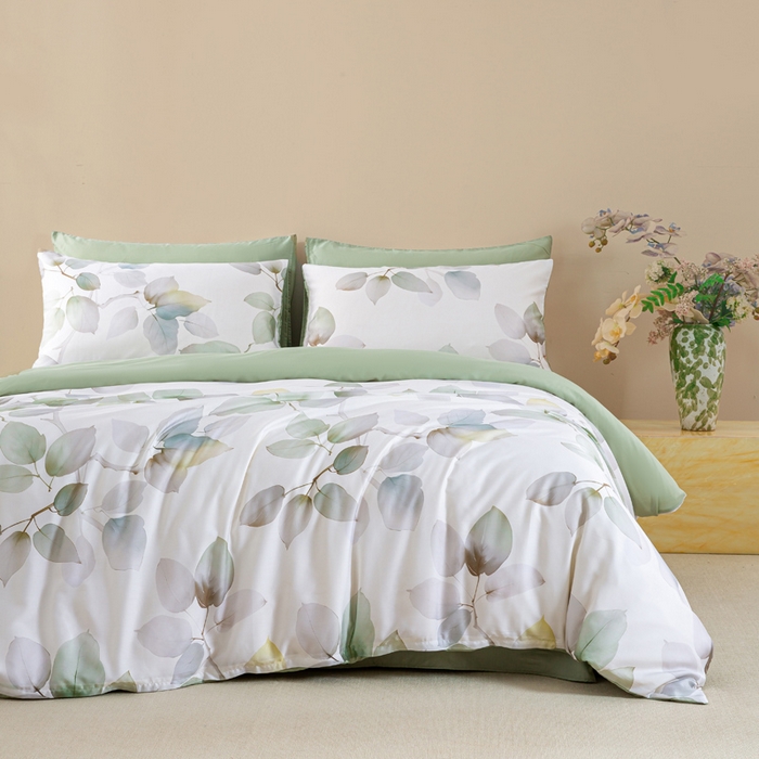 91家纺网 家纺一手货源 找家纺 麦田家纺 2025新款50S莱赛尔天丝印花四件套 叶语-绿