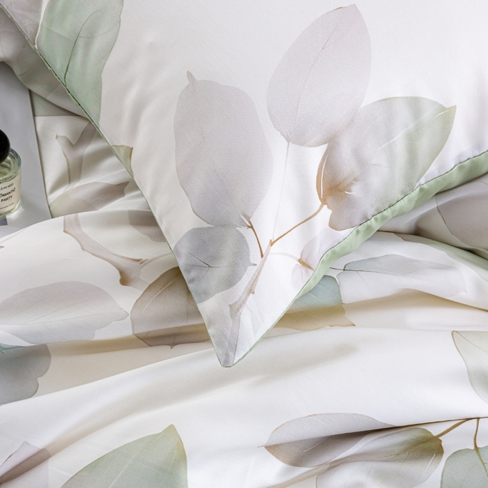 91家纺网 家纺一手货源 找家纺 麦田家纺 2025新款50S莱赛尔天丝印花四件套 叶语-绿