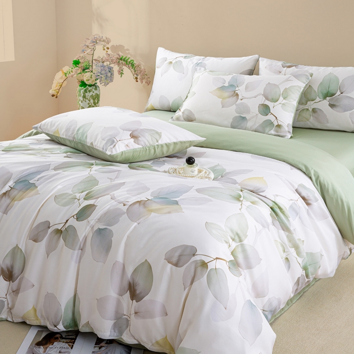 91家纺网 家纺一手货源 找家纺 麦田家纺 2025新款50S莱赛尔天丝印花四件套 叶语-绿