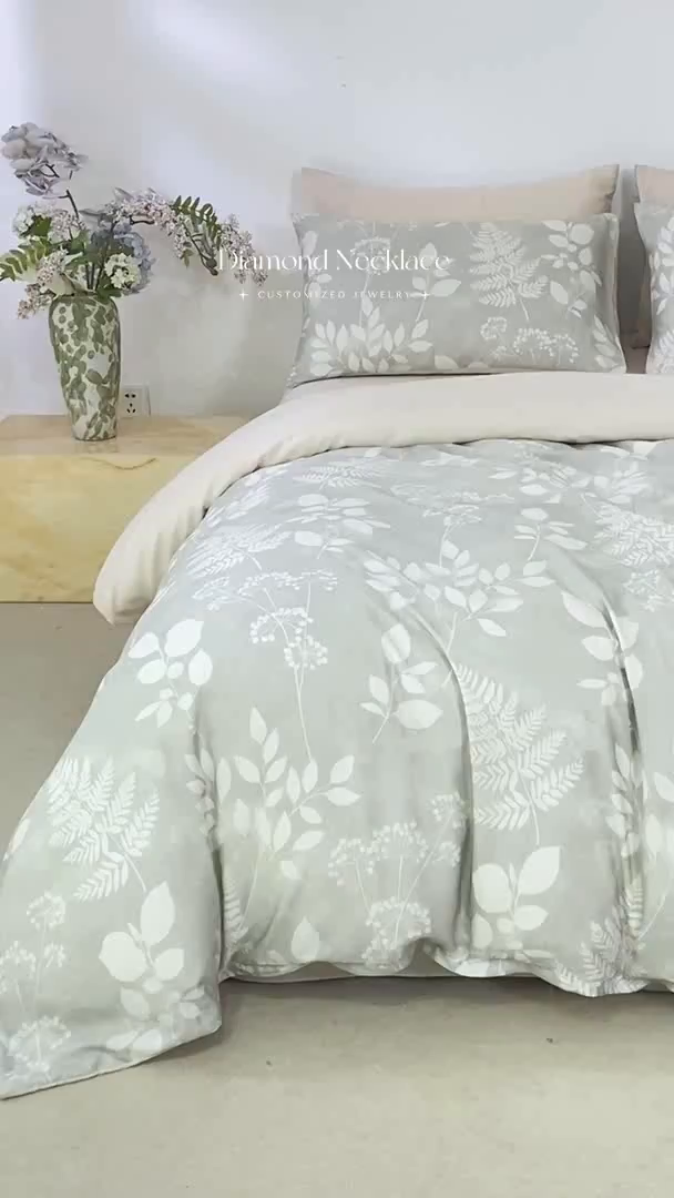 91家纺网 家纺一手货源 找家纺 麦田家纺 2025新款50S莱赛尔天丝印花四件套 叶影-灰