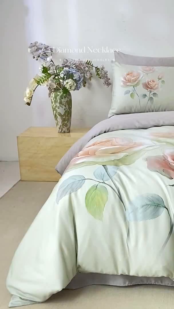 91家纺网 家纺一手货源 找家纺 麦田家纺 2025新款50S莱赛尔天丝印花四件套 览芳华-绿