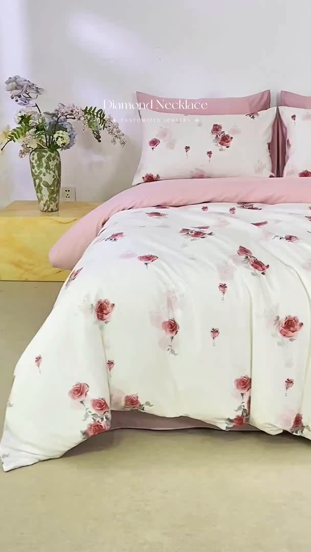 91家纺网 家纺一手货源 找家纺 麦田家纺 2025新款50S莱赛尔天丝印花四件套 玫瑰雅韵