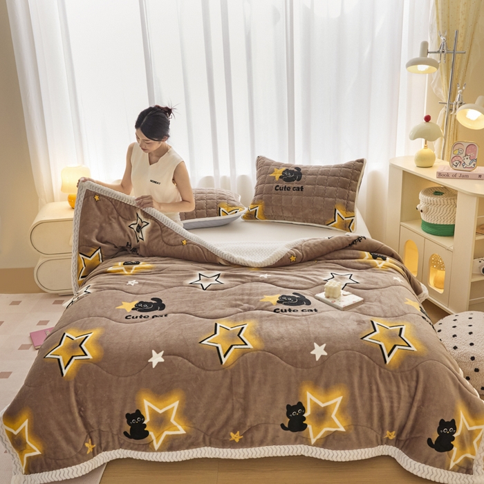 91家纺网 家纺一手货源 找家纺 莉莉安家纺 2025秋冬新款加厚三层夹棉牛奶绒贝贝绒毯冬季保暖盖毯复合毛毯 星愿猫