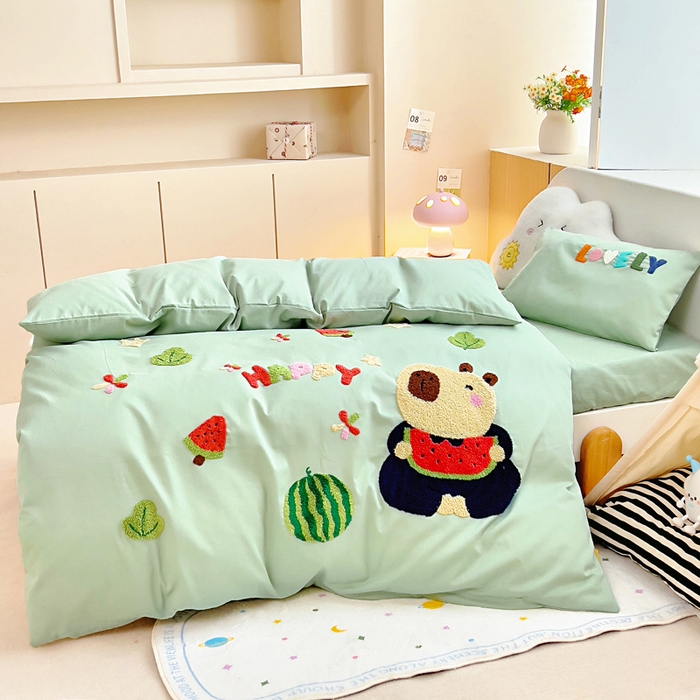 91家纺网 家纺一手货源 找家纺 梵赫2025新款全棉A类5050磨毛卡通毛巾绣婴童套件幼儿园三件套 小卡皮