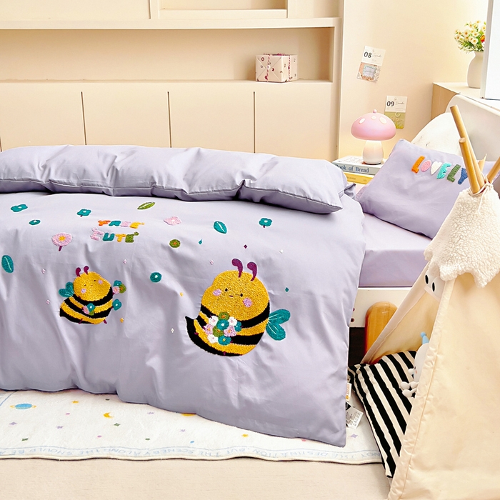 91家纺网 家纺一手货源 找家纺 梵赫2025新款全棉A类5050磨毛卡通毛巾绣婴童套件幼儿园三件套 小蜜蜂